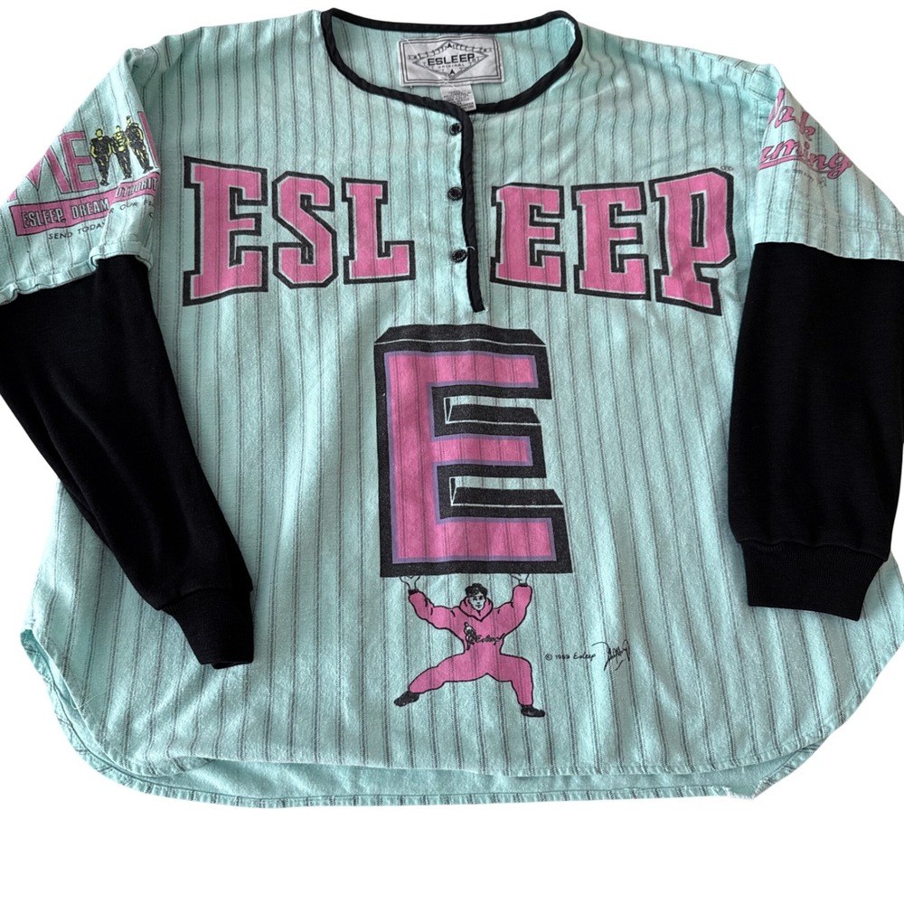 Vintage 80s Esleep Baseball Sleep Shirt Womens Size M Pajama Teal Retro Henley